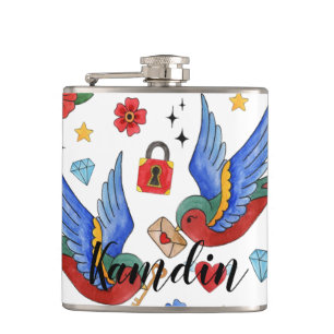 Personalised Flask Traditional Bird Tattoo Sparrow