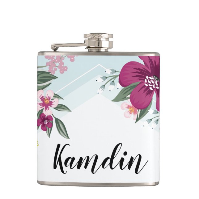 Personalised Flask Tropical Flower on Blue Ombre (Front)