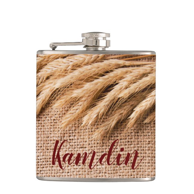 Personalised Flask Wheat on Burlap Sack Country Ru (Front)
