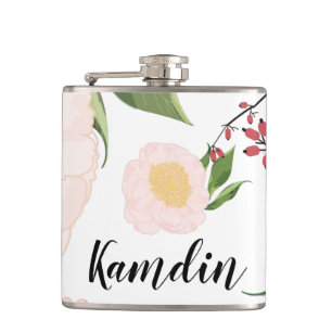 Personalised Flask White Floral Flowers on White