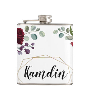 Personalised Flask White Roses Gold Geometric Flor