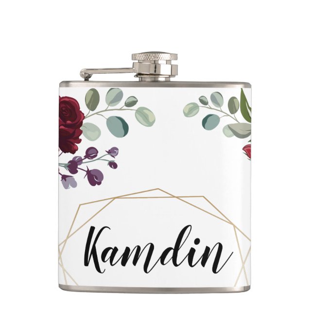 Personalised Flask White Roses Gold Geometric Flor (Front)
