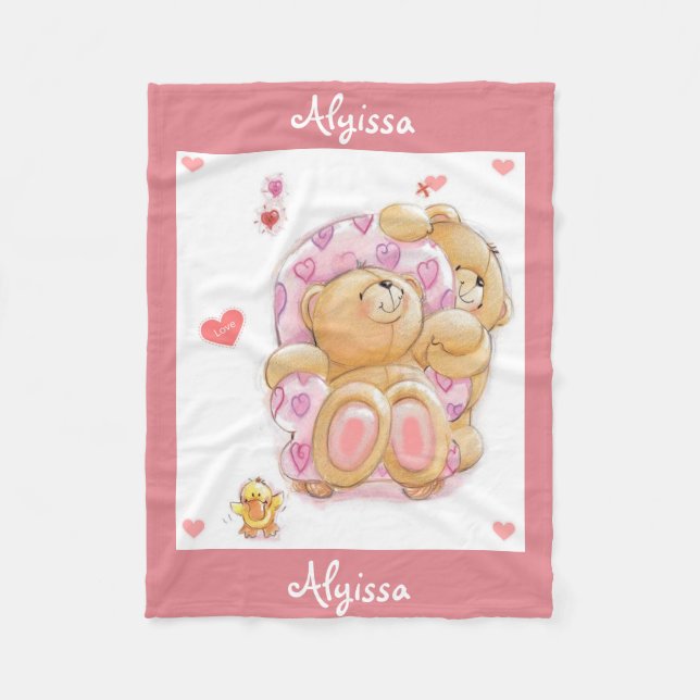 Personalised Fleece Blanket/Bear and Hearts Blanket (Front)