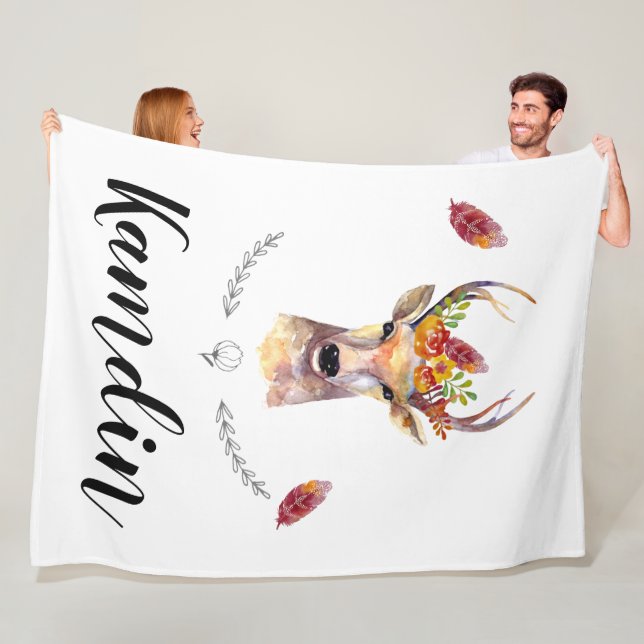 Personalised Fleece Throw boho deer Buck Head Brow Blanket (In Situ)