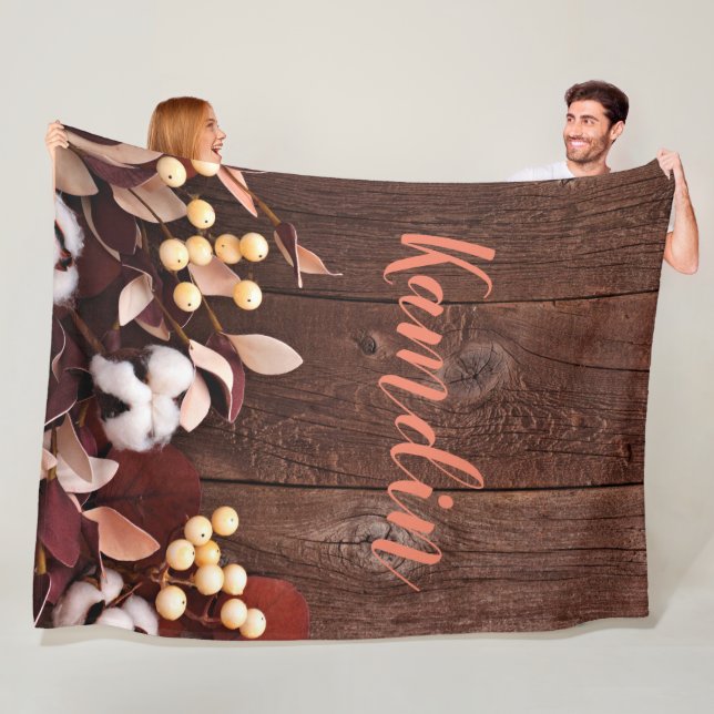 Personalised Fleece Throw Cotton Branch on Dark Wo (In Situ)