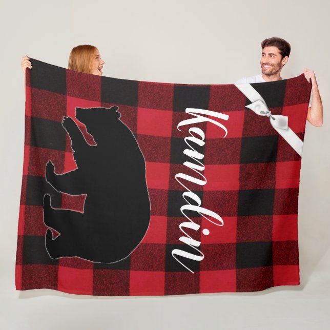 Personalised Fleece Throw Red Buffalo Plaid Bear (In Situ)