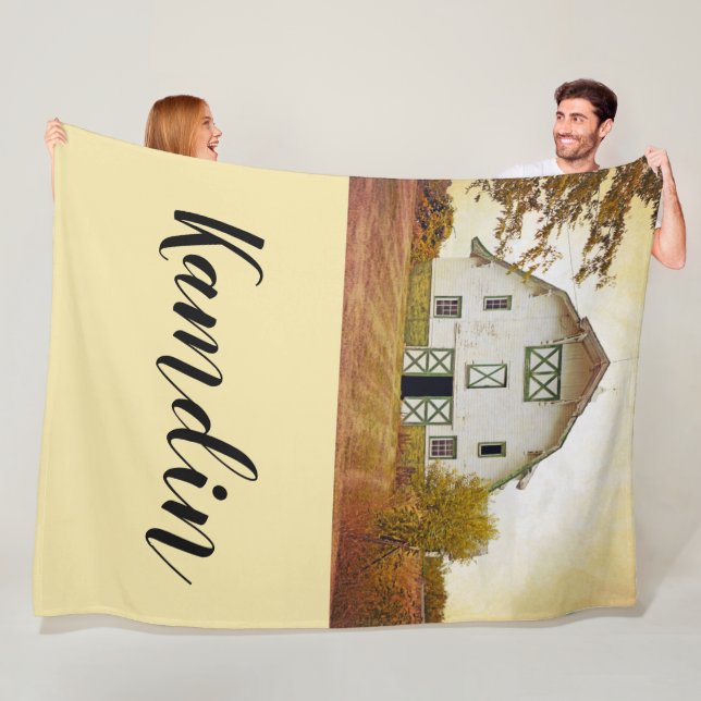 Personalised Fleece Throw Sunset Barn Country Rust (In Situ)