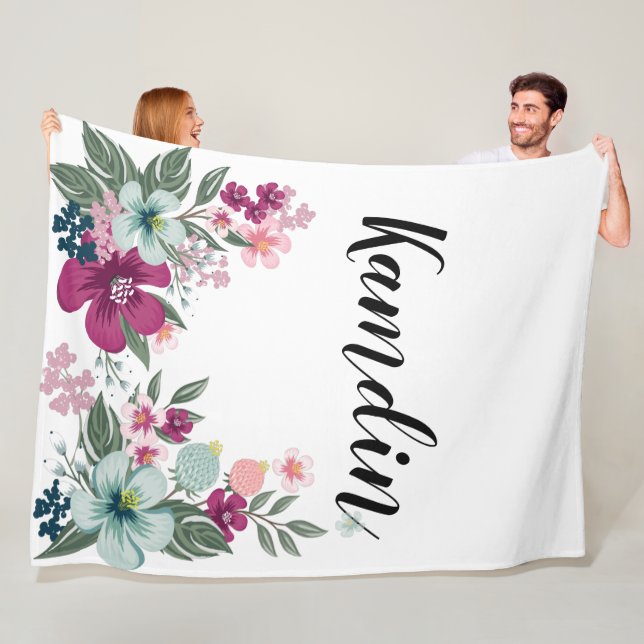 Personalised Fleece Throw Tropical Flower on White (In Situ)