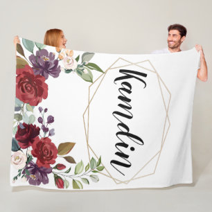 Personalised Fleece Throw White Roses Gold Geometr Blanket