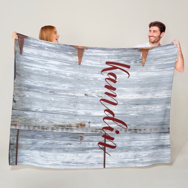 Personalised Fleece Throw White Wash Wood Barn Doo (In Situ)