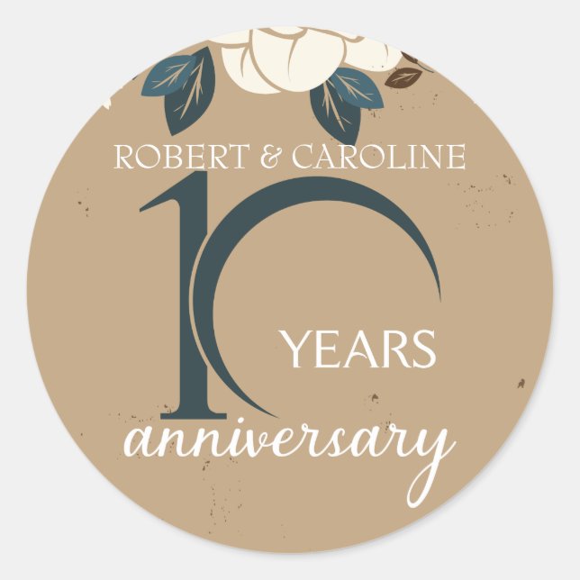 Personalised Floral 10th Wedding Anniversary Classic Round Sticker (Front)