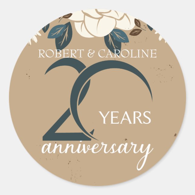 Personalised Floral 20th Wedding Anniversary Classic Round Sticker (Front)