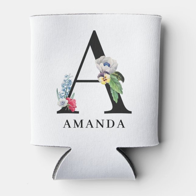 Personalised Floral Alphabet A Monogram  Can Cooler (Front)