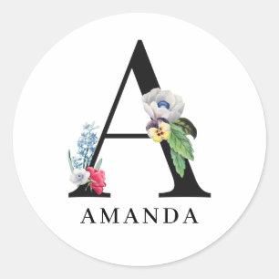 Personalised Floral Alphabet A Monogram  Classic Round Sticker