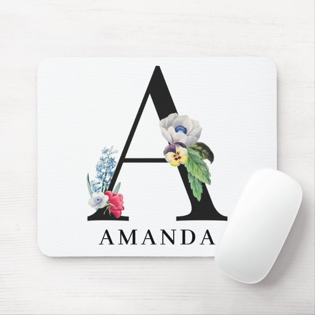 Personalised Floral Alphabet A Monogram  Mouse Mat (With Mouse)