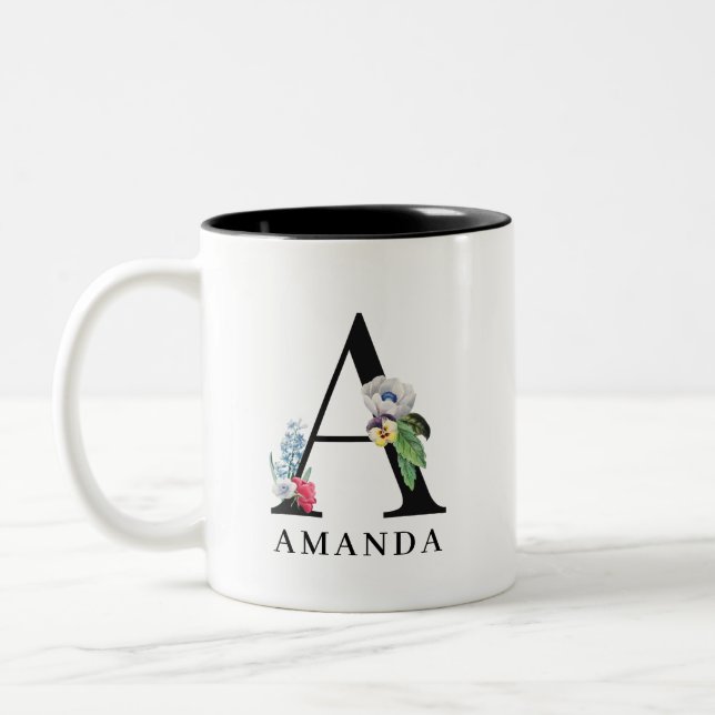 Personalised Floral Alphabet A Monogram Two-Tone Coffee Mug (Left)