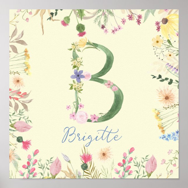 Personalised Floral Alphabet Initial Nursery  Poster (Front)