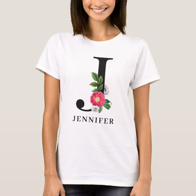 Personalised Floral Alphabet J Monogram  T-Shirt (Front)