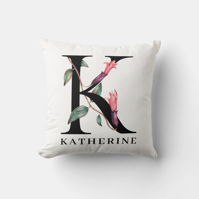 Personalised Floral Alphabet K Monogram Cushion (Front)