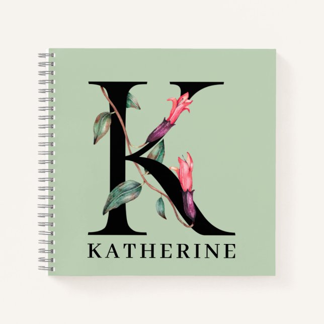 Personalised Floral Alphabet K Monogram Notebook (Front)