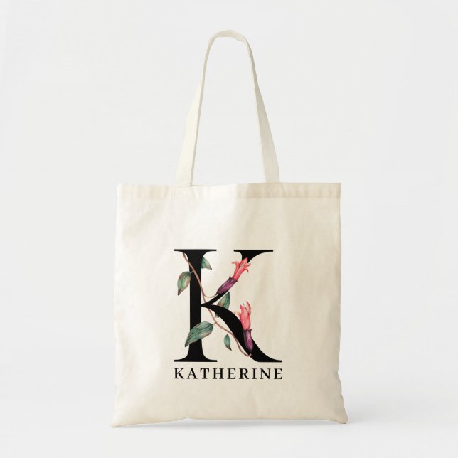 Personalised Floral Alphabet K Monogram Tote Bag (Front)