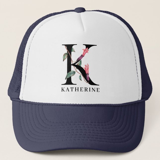 Personalised Floral Alphabet K Monogram Trucker Hat (Front)