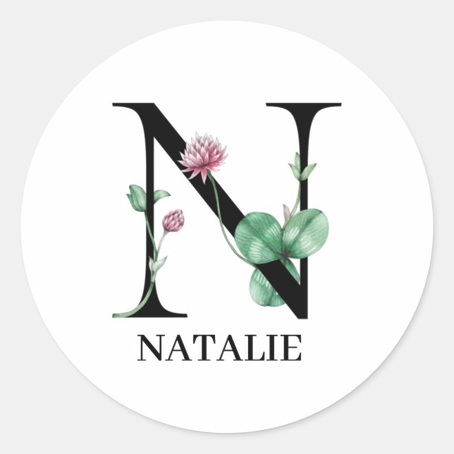 Personalised Floral Alphabet N Monogram  Classic Round Sticker (Front)