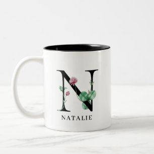 Personalised Floral Alphabet N Monogram Two-Tone C Coffee Mug