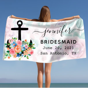 Personalised Floral Anchor Bachelorette Bridesmaid Beach Towel