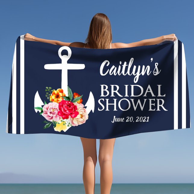 Personalised Floral Anchor Bridal Shower Beach  Towel (Personalized Floral Anchor Bridal Shower Beach Beach Towel)
