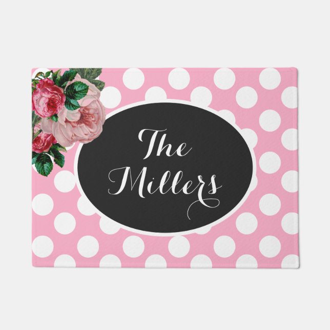 Personalised Floral and Pink Polka Dot Doormat (Front)