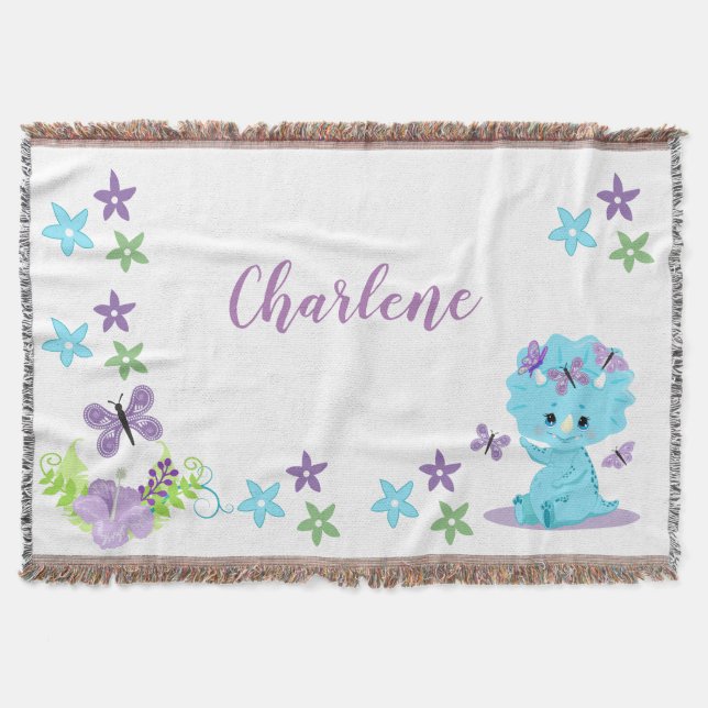 Personalised Floral Baby Dinosaur Throw Blanket (Front)