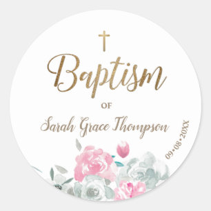 Personalised floral Baby girl gold cross baptism Classic Round Sticker