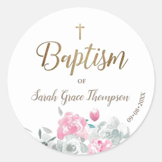 Personalised floral Baby girl gold cross baptism Classic Round Sticker (Front)