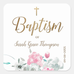 Personalised floral Baby girl gold cross baptism Square Sticker