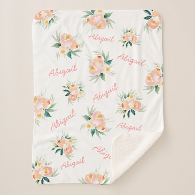 Personalised Floral Baby Girl Name Sherpa Blanket (Front)