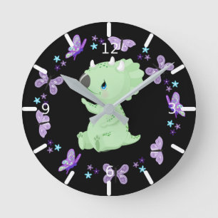 Personalised Floral Baby Triceratops & Butterflies Round Clock