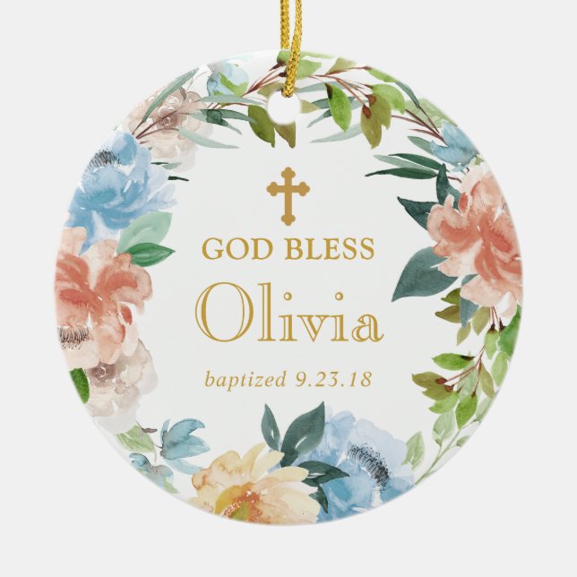 Personalised Floral Baptism Wreath God Bless Ceramic Tree Decoration (Front)