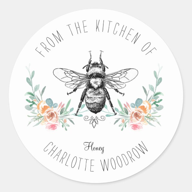 Personalised Floral Bee Kitchen Of Classic Round Sticker (Front)