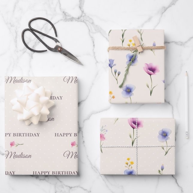 Personalised Floral Birthday Wrapping Paper Set (Front)