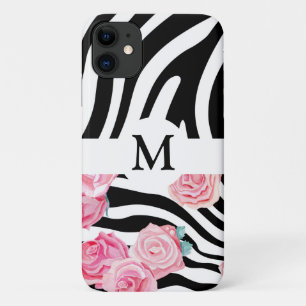 Personalised Floral Black & White Animal Print iPhone 11 Case