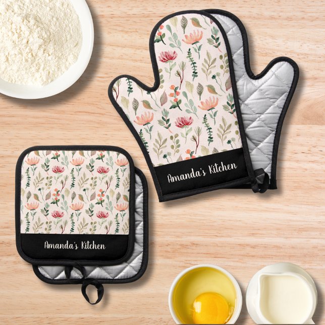 Personalised Floral Bloom Watercolor Script Gift Oven Mitt & Pot Holder Set (Creator Uploaded)