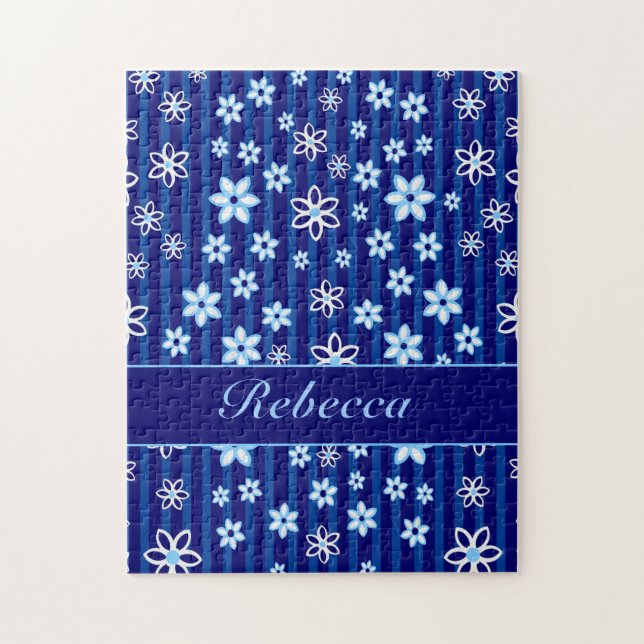 Personalised Floral blue and white patterned Jigsaw Puzzle (Vertical)