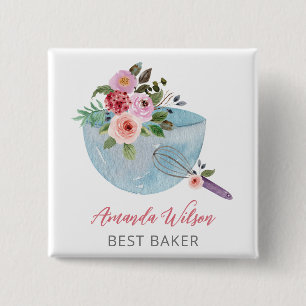 Personalised Floral Bowl and Whisker Bakers 15 Cm Square Badge