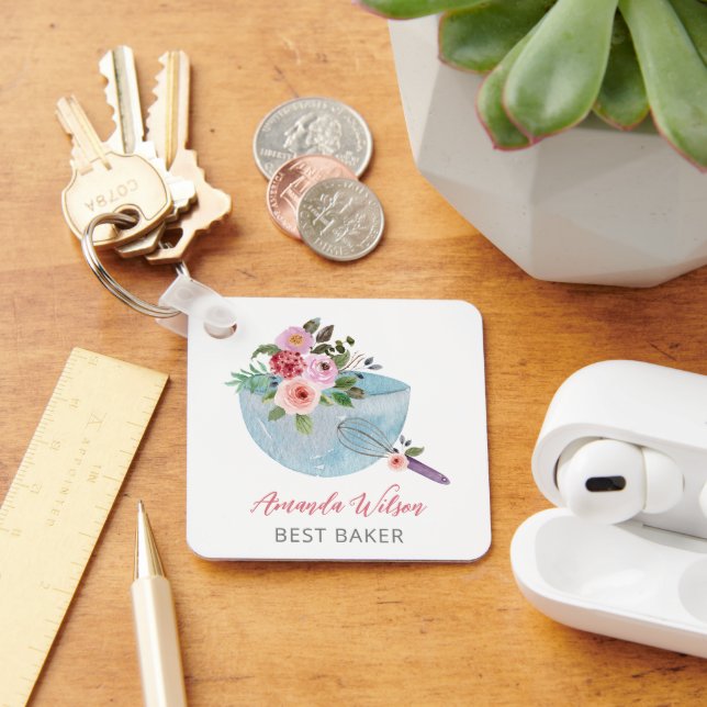Personalised Floral Bowl and Whisker Bakers Key Ring (Desk)