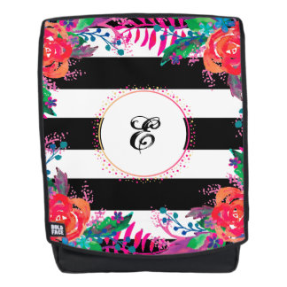 personalised floral bunches and black striped backpack