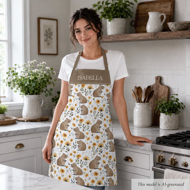 Personalised Floral Capybara Apron (sweet cozy floral capybara sunflower apron personalized with custom name, cute gift for her )