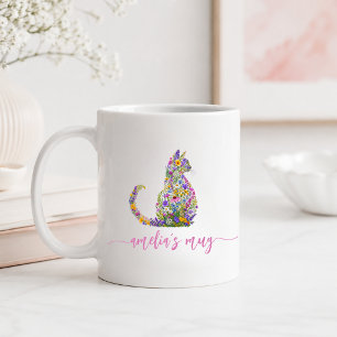 Personalised Floral Cat Kitty Coffee Mug