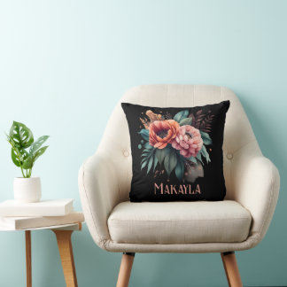 Personalised Floral Chic Peonies on Black Cushion