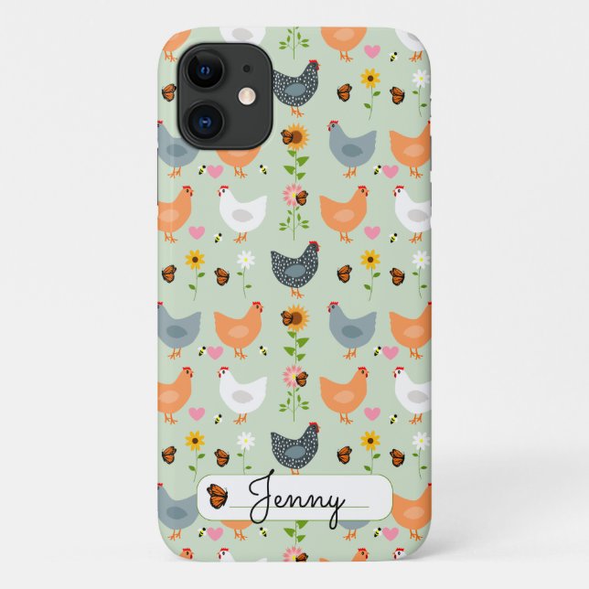 Personalised Floral Chickens Green iPhone 11 Case (Back)
